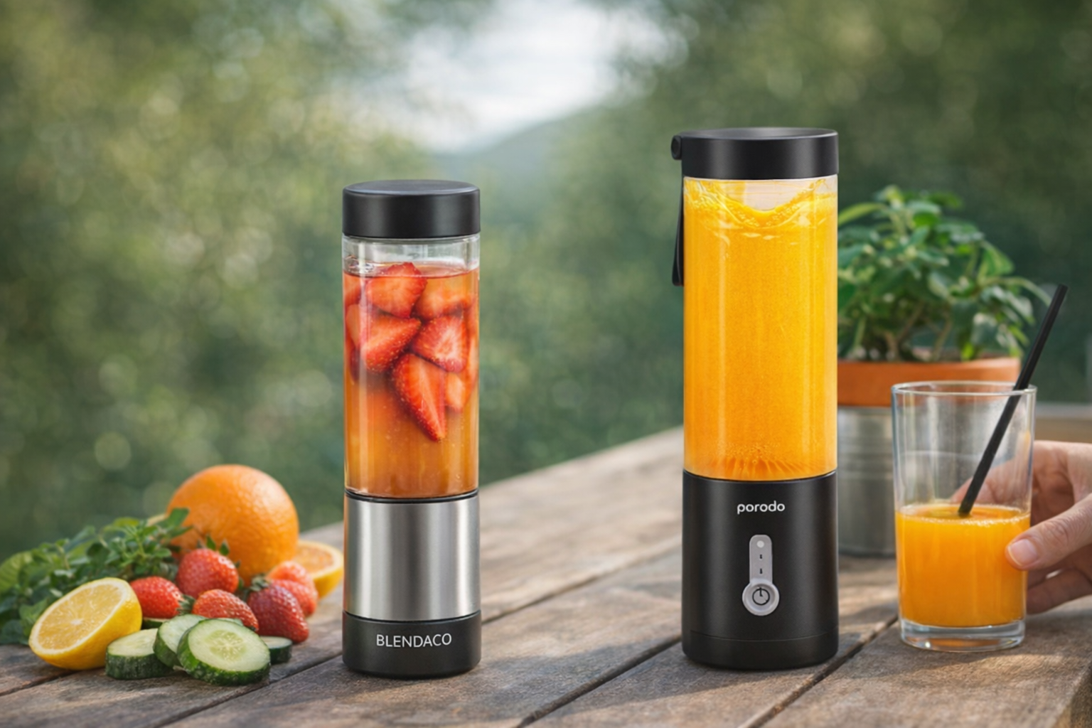Two blenders, a cup and some fruits on a wooden table
