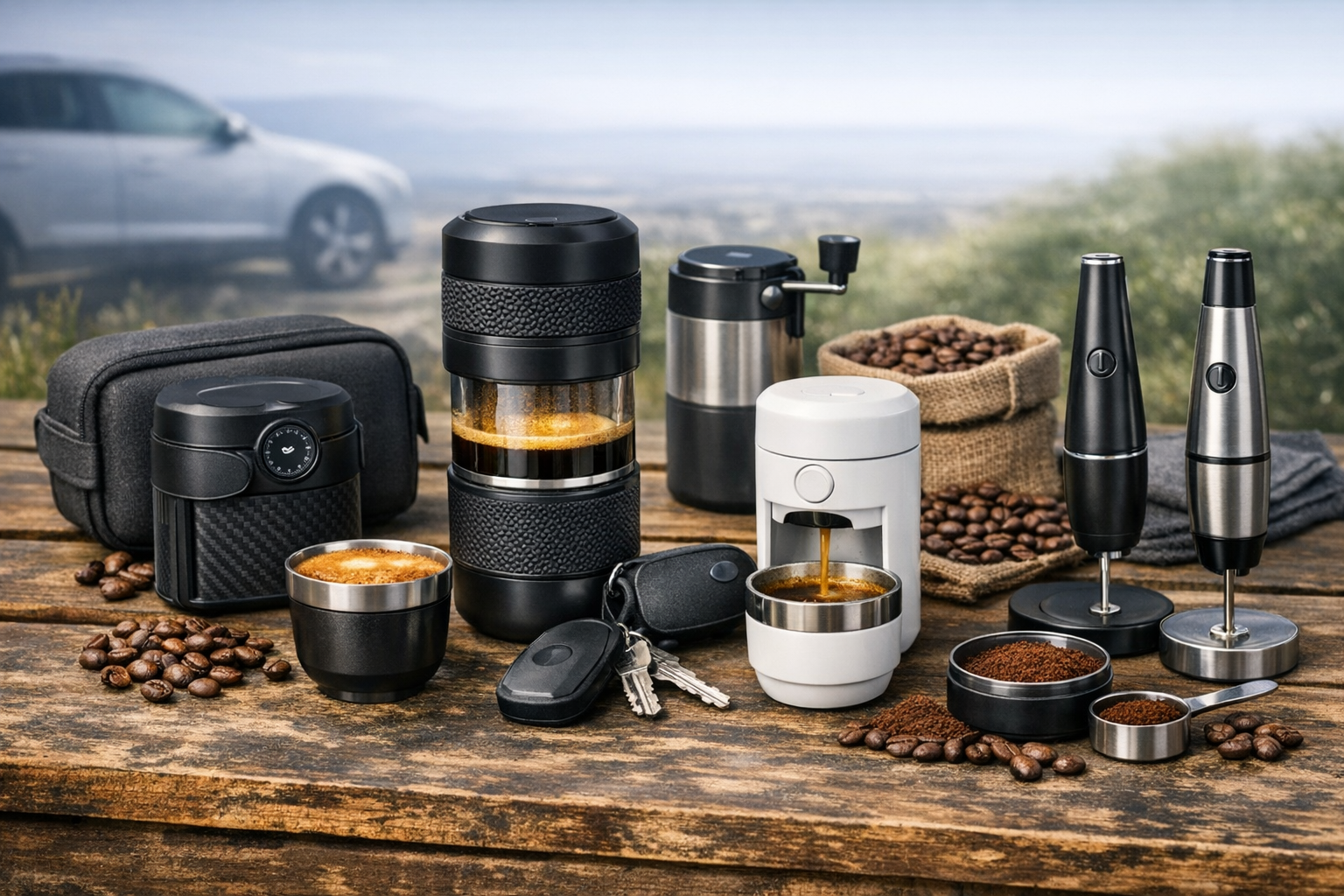 Different coffee machines and stirrers, surrounded by coffee beans and ground coffee on a wooden table