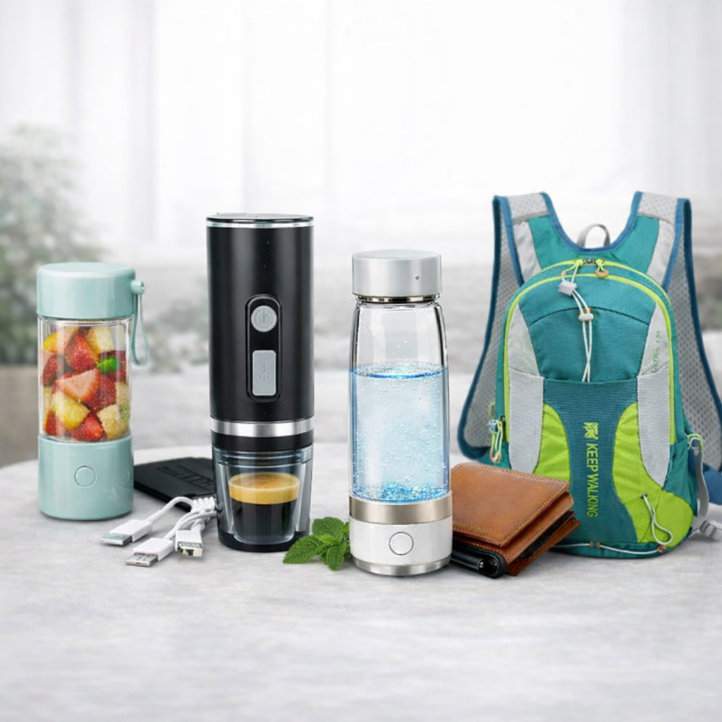 Featured lifestyle products including an espresso machine, portable blender, hydrogen water bottle, vegan leather wallet, and sports backpack displayed on a light background.