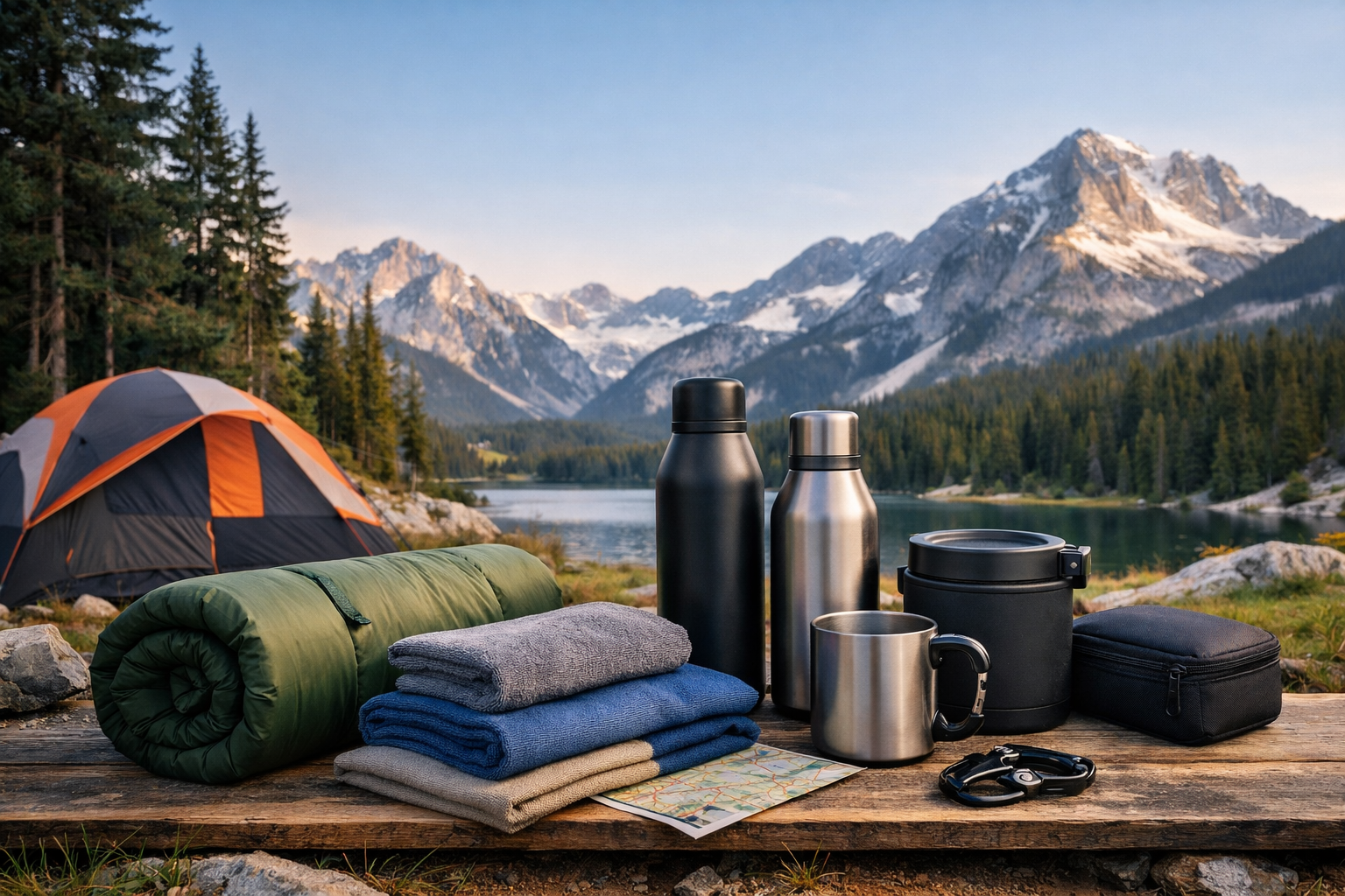 Outdoor camping setup near a mountain lake with tent, sleeping bag, thermos bottles, mug, and travel gear arranged on a wooden surface