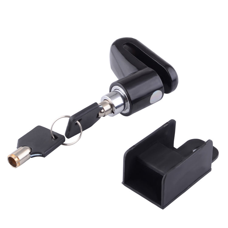 A black bicycle lock with a key and keyring, shown alongside its black plastic cover on a plain white background.