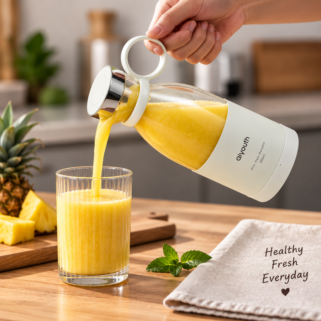 A hand pours orange juice from a white and silver portable blender into a glass. The scene is set on a wooden table with a pineapple, fresh pineapple slices, mint leaves, and a beige cloth napkin that reads 'Healthy Fresh Everyday'.