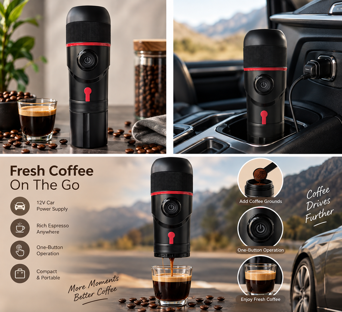 A portable electric coffee maker shown in multiple lifestyle and product views, including a standalone shot, plugged into a car power outlet in a car interior, and dispensing espresso into a glass. The product is black with a red accent ring and red button.