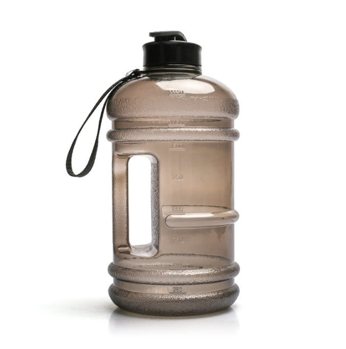 A large translucent black plastic water bottle with a carry handle and a blue flip-top lid, shown on a plain white background.