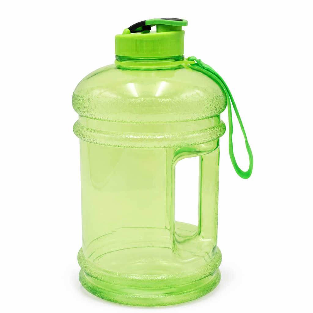 A large translucent green plastic water bottle with a carry handle and a blue flip-top lid, shown on a plain white background.