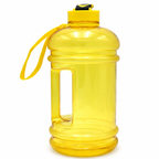 A large translucent yellow plastic water bottle with a carry handle and a blue flip-top lid, shown on a plain white background.