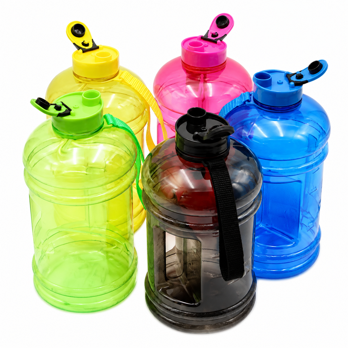 Five large translucent plastic water bottles in assorted colours including green, yellow, pink, blue, and black, arranged together on a white background.