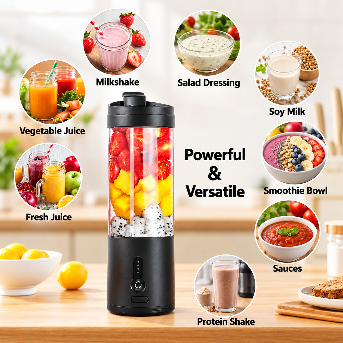 A black portable blender with a clear cup filled with fruit and ice sits on a kitchen counter, surrounded by circular inset photos showing it making milkshakes, salad dressing, vegetable juice, fresh juice, soy milk, smoothie bowls, sauces, and protein shakes. Large text reads 'Powerful & Versatile'.