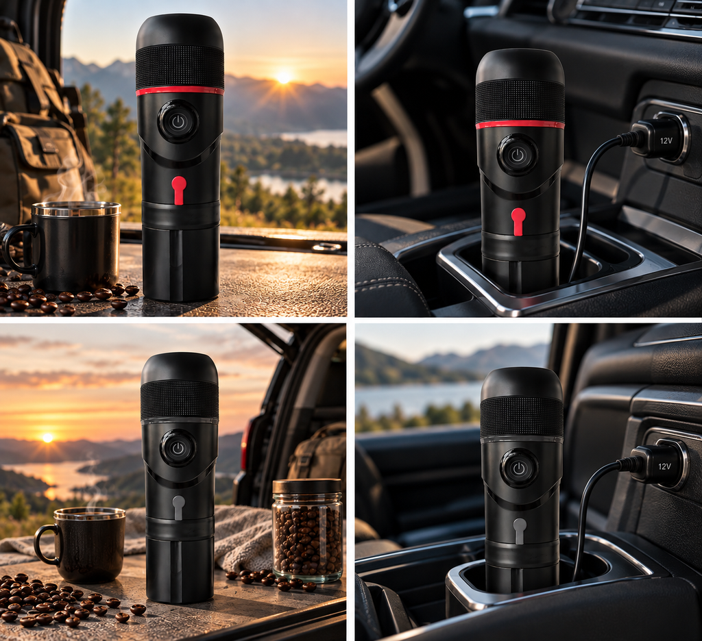 A four-panel collage showing a black portable electric coffee grinder with a red accent ring and red button. Two panels show the coffee machine standing on a table outdoors by a car window with coffee beans and a mug nearby, and two panels show it plugged into a car power outlet in the centre console.