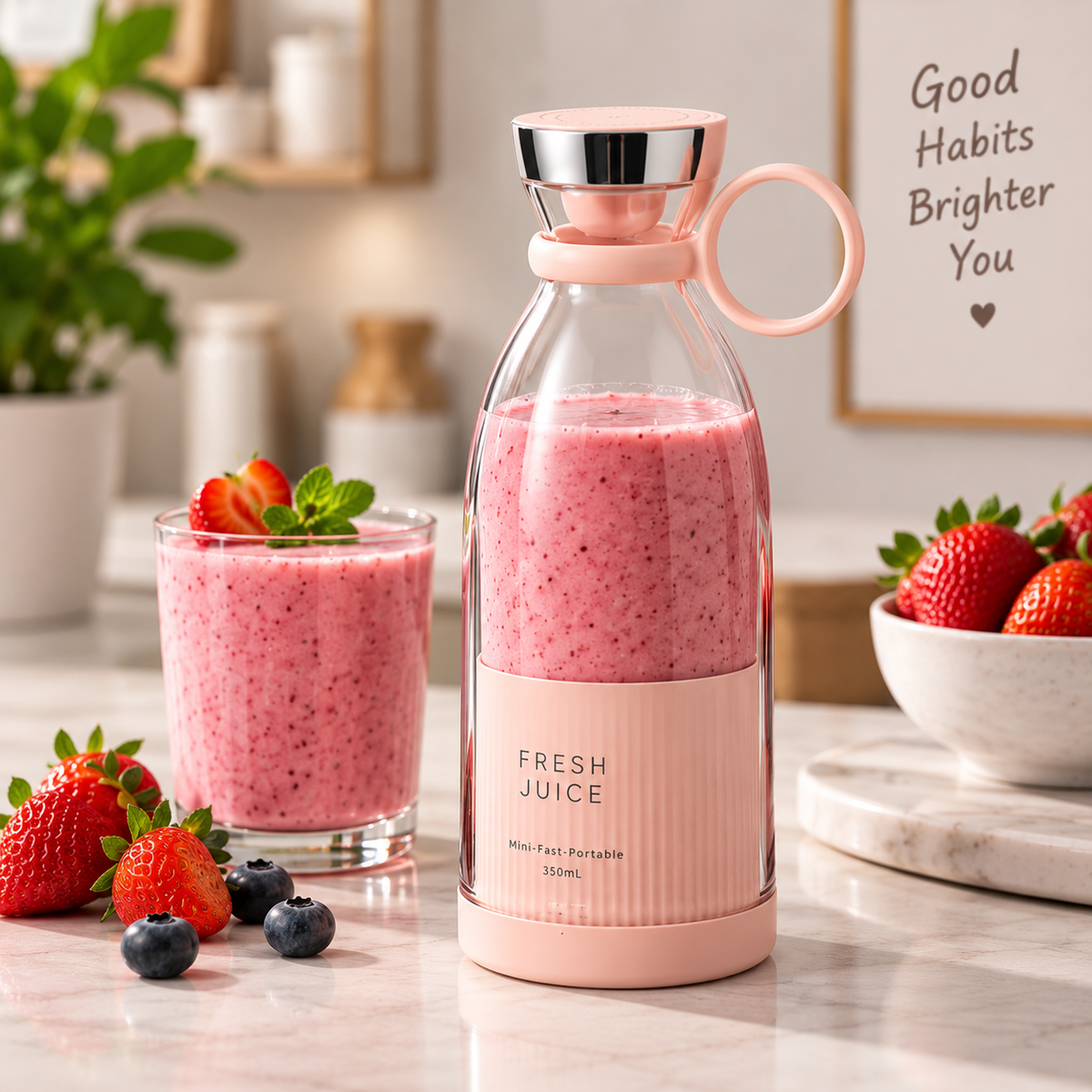 A pink portable smoothie bottle with a clear glass upper section and a ribbed pink lower body, shown on a countertop beside a glass of pink smoothie, strawberries, blueberries, and a bowl of fruit in a bright kitchen setting.