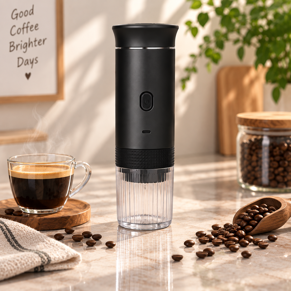 A black and clear portable coffee maker stands on a marble countertop in a bright kitchen scene, surrounded by coffee beans, a cup of espresso, and a jar of coffee beans. The background includes a framed sign reading 'Good Coffee Brighter Days' and a green plant.
