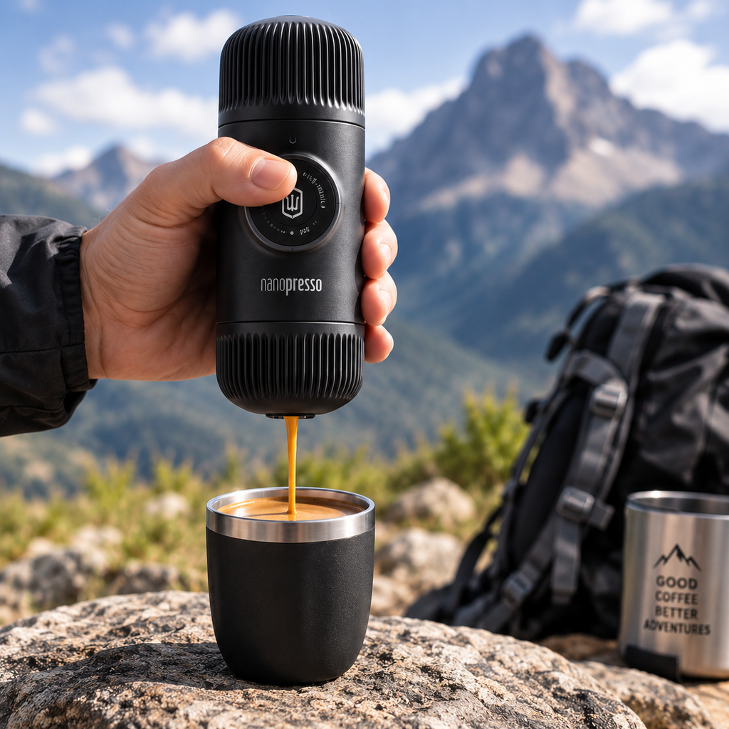 A hand holds a black Nanupresso portable espresso maker over a black travel mug, with coffee pouring into the cup. The background shows a mountain landscape with a hiking backpack and a metal tumbler.