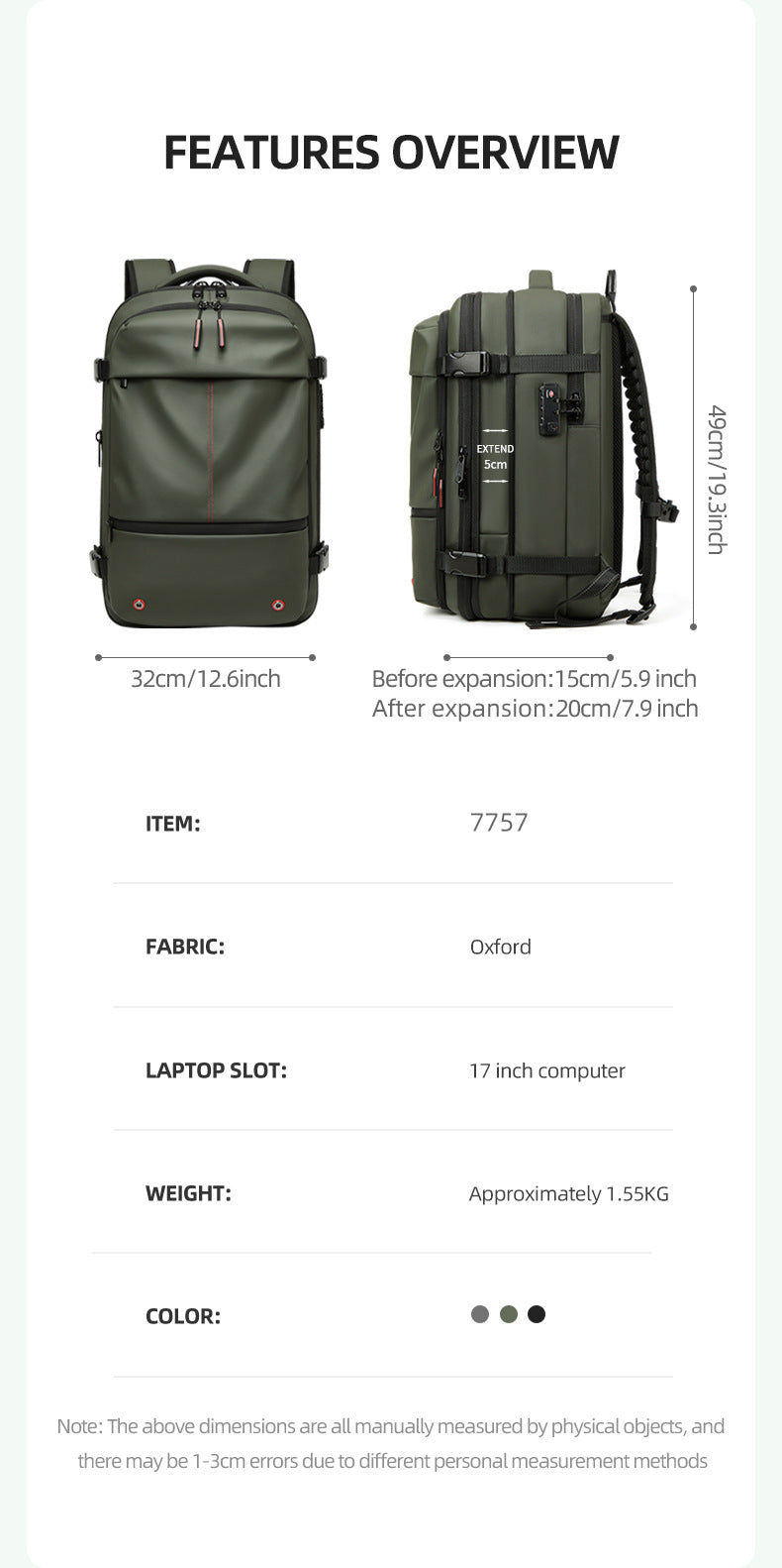 A product features overview graphic showing a dark green backpack from two angles with dimensions, alongside text listing item number 7757, Oxford fabric, a 17-inch laptop slot, approximately 1.55kg weight, and color options.