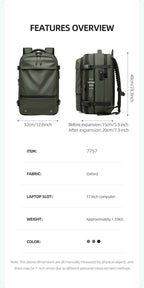 A product features overview graphic showing a dark green backpack from two angles with dimensions, alongside text listing item number 7757, Oxford fabric, a 17-inch laptop slot, approximately 1.55kg weight, and color options.