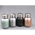 Four insulated stainless steel water bottles with screw-top lids and carrying loops, shown in mint green, silver, matte black, and rose gold on a gray textured background.