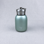 Compact insulated bottle in green, with stainless-steel lid and metal carrying loop.