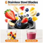 A blender blade attachment shown with floating fresh fruits and a black blender base on a white background, with text reading '6 Stainless Steel Blades For Smooth and Even Blending' and two result cups below labeled 'Fresh Ingredients' and 'Smooth Results'.