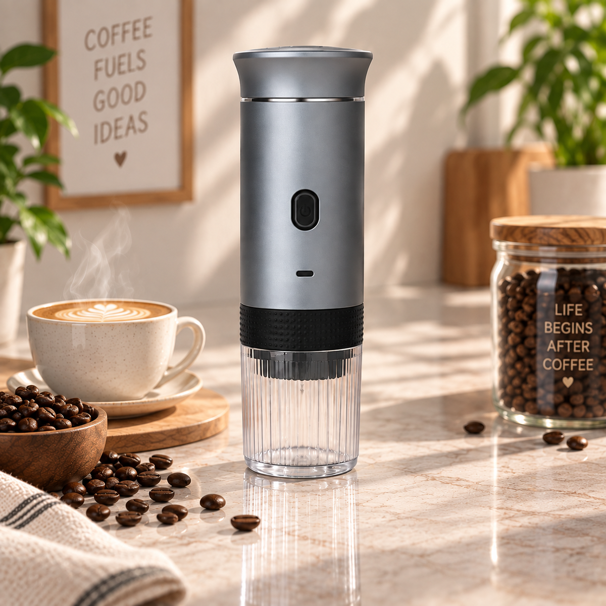 A portable electric coffee grinder with a brushed silver body and a clear cup base stands on a marble countertop. The scene is styled with a cup of latte, scattered coffee beans, a jar of coffee beans, and plants in a bright kitchen setting.