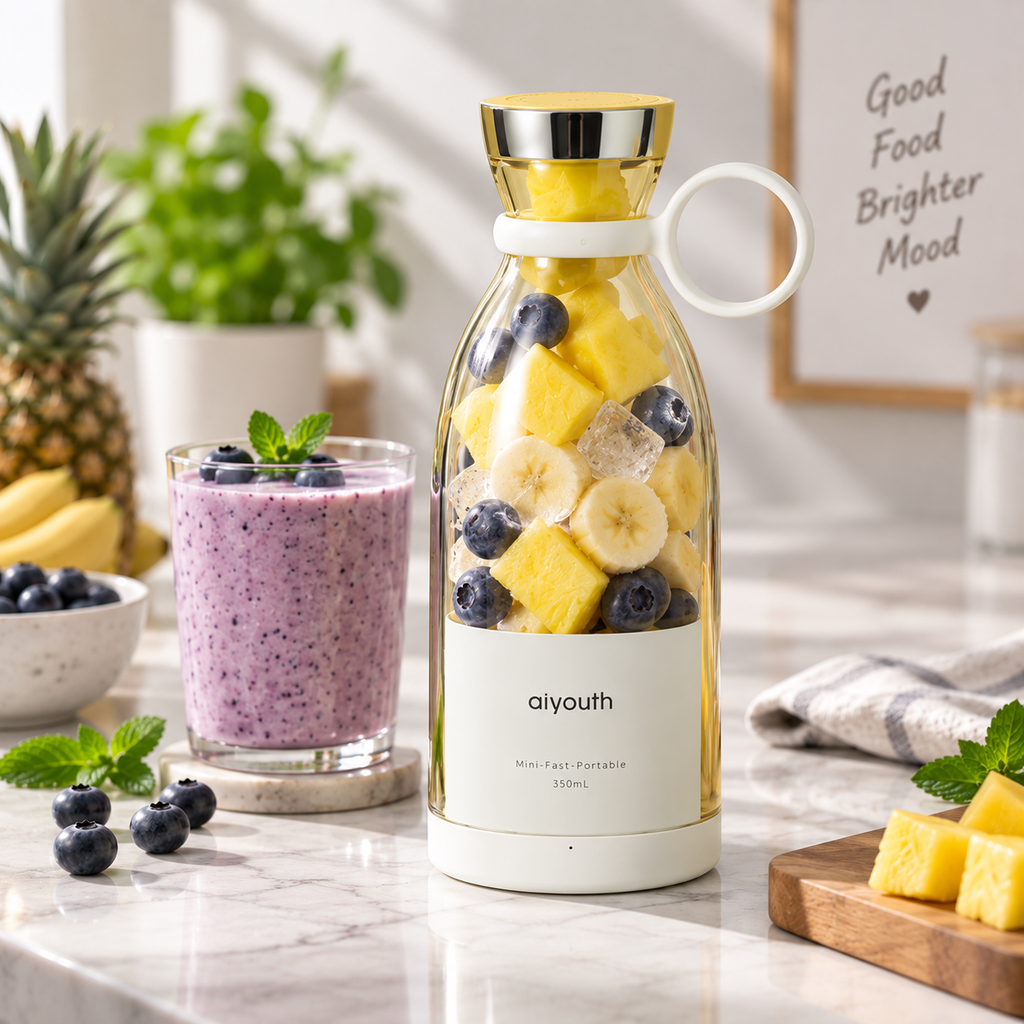 A white mini portable blender bottle filled with pineapple, blueberries, and banana, standing on a marble countertop next to a purple smoothie in a glass. The bottle has a white base and collar, a gold lid, and a white carrying loop.