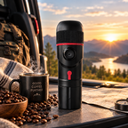 A red portable coffee maker stands on a table by a vehicle window, with a coffee mug, coffee beans, and a scenic sunset landscape in the background.