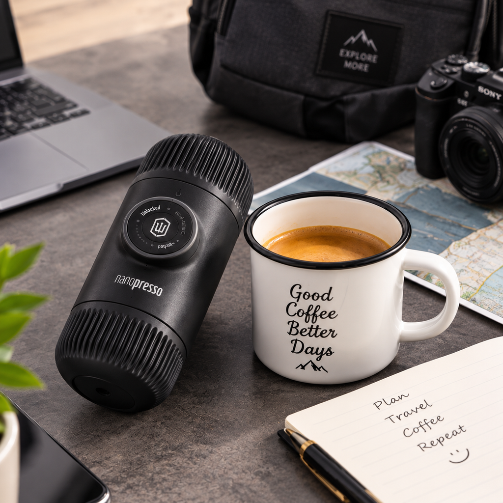 A black handheld espresso maker labeled 'nanopresso' sits beside a white enamel coffee mug with the phrase 'Good Coffee Better Days' on a gray tabletop. The scene includes a laptop, camera, notebook, and travel accessories in a styled desk setting.