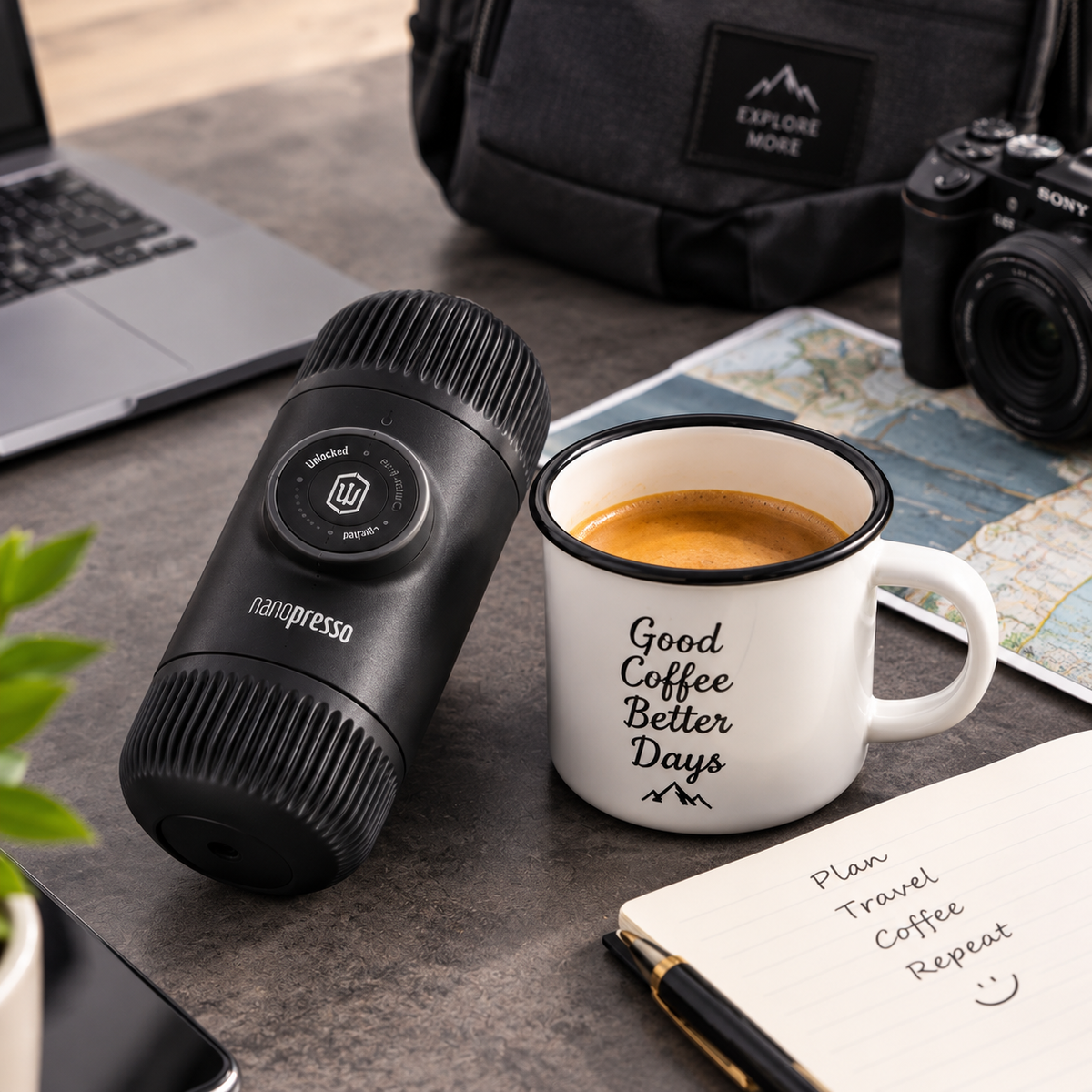 A black handheld espresso maker labeled 'nanopresso' sits beside a white enamel coffee mug with the phrase 'Good Coffee Better Days' on a gray tabletop. The scene includes a laptop, camera, notebook, and travel accessories in a styled desk setting.