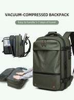 Vacuum-compressed backpack with a person using it to compress items, on a white background.