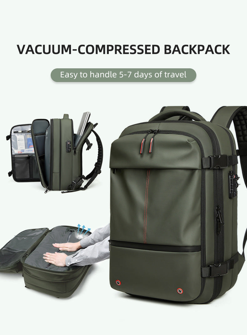 Vacuum-compressed backpack with a person using it to compress items, on a white background.