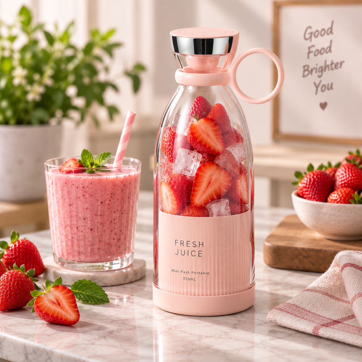 A pink portable blender bottle filled with strawberries and ice sits on a marble countertop beside a pink smoothie in a glass with a striped straw. Fresh strawberries, mint leaves, a bowl, and a framed sign are visible in a bright kitchen setting.