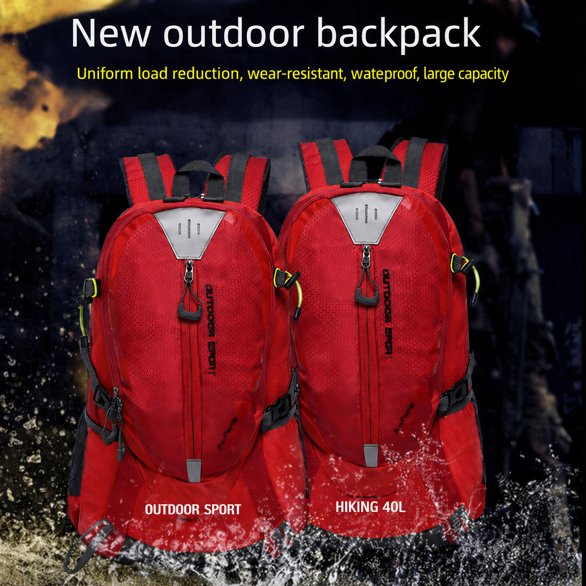 Two red 40-litre outdoor hiking backpacks with adjustable straps and zipped compartments, shown against a dark background with water splashes.