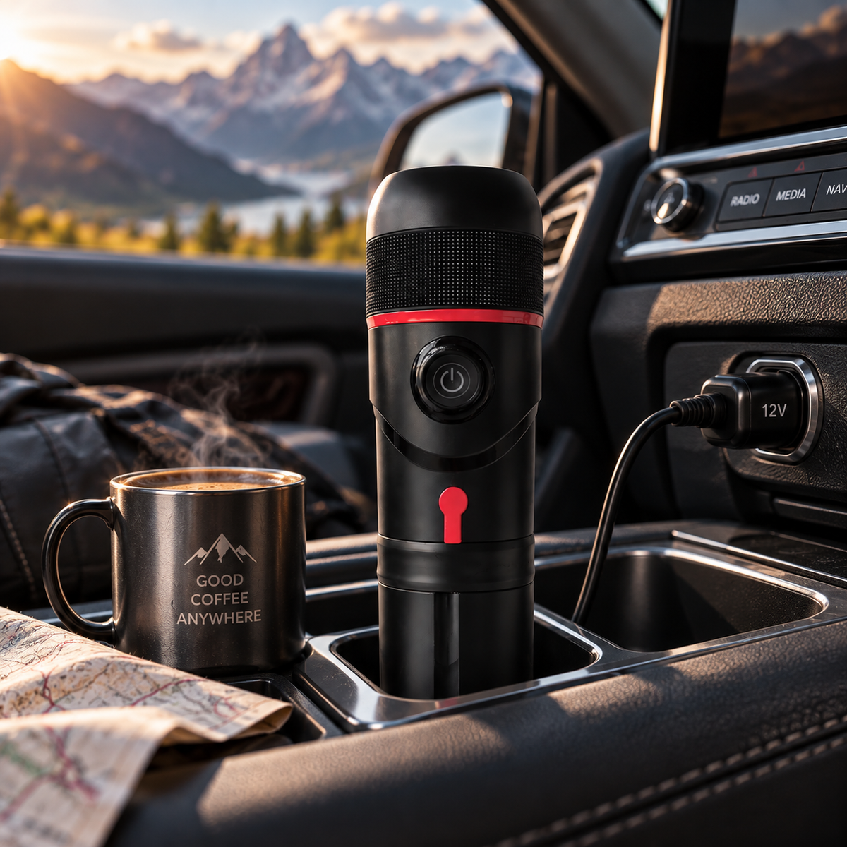 A black portable electric coffee maker with a red accent ring and red power button sits in a car cup holder, plugged into a 12V outlet. A stainless steel mug with 'GOOD COFFEE ANYWHERE' text sits nearby, and a mountain landscape is visible through the car window.