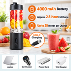 A portable electric blender with a black base and lid, shown filled with fruit and a smoothie, on a kitchen countertop. The image includes promotional text highlighting 4000 mAh battery, 2.