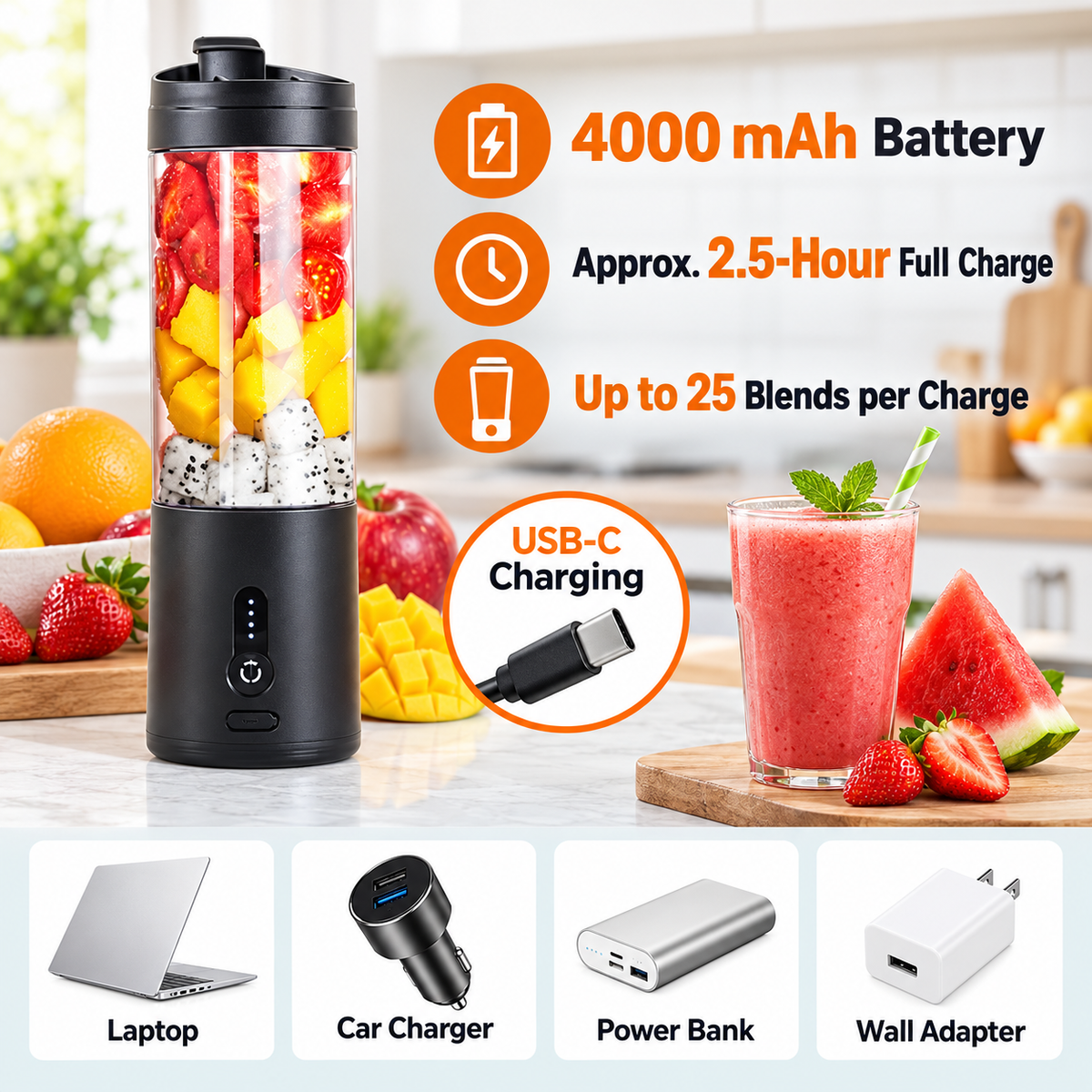 A portable electric blender with a black base and lid, shown filled with fruit and a smoothie, on a kitchen countertop. The image includes promotional text highlighting 4000 mAh battery, 2.