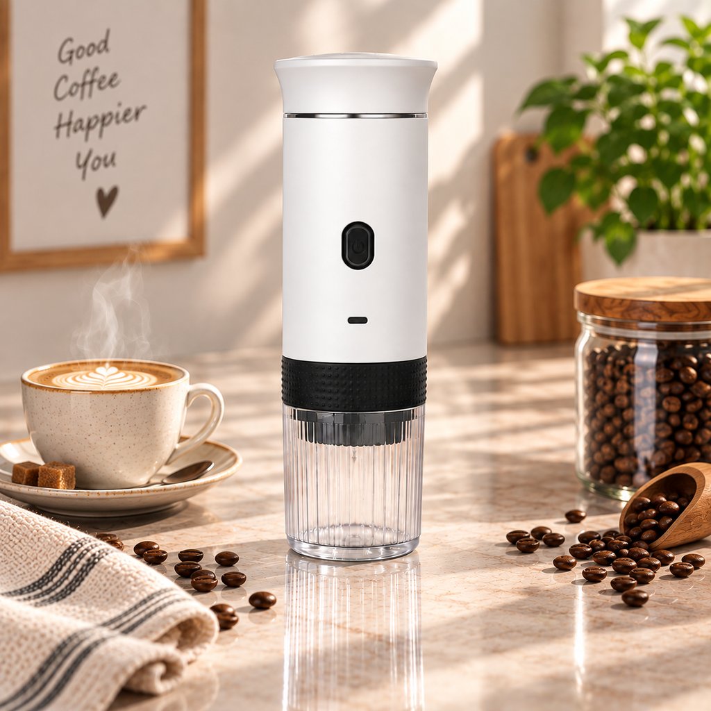 A white and black portable electric coffee grinder stands on a marble countertop in a bright kitchen setting, surrounded by coffee beans, a cup of latte art coffee, and a jar of coffee beans.