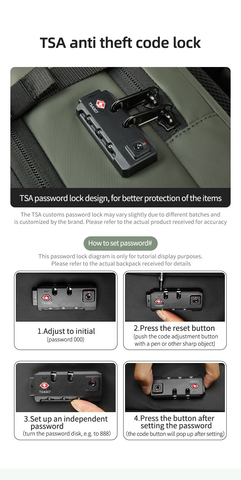 TSA anti-theft code lock on a bag with instructions on how to set the password.