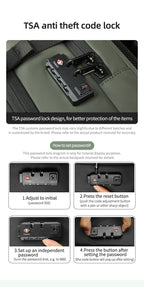 TSA anti-theft code lock on a bag with instructions on how to set the password.