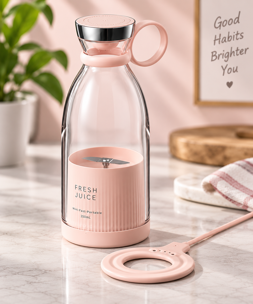 A pink portable mini blender with a clear glass bottle, pink base and handle, and a matching pink charging ring accessory on a marble countertop in a styled kitchen setting.