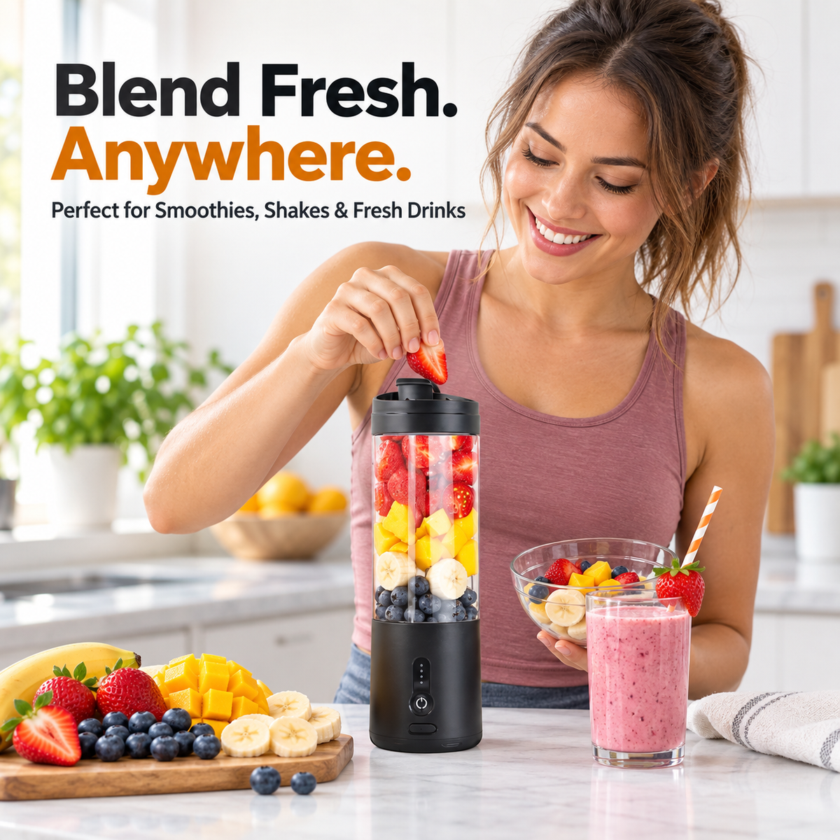 A woman in a kitchen adds a strawberry to a black portable blender cup filled with fruit, with a pink smoothie in a glass and fresh fruits on the counter. Text at the top reads 'Blend Fresh.