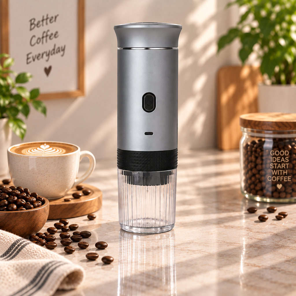 A silver and black portable electric grinder with a clear container base stands on a marble countertop in a warm, sunlit kitchen setting. Coffee beans, a cup of latte, and a jar of coffee beans are arranged around it, with a framed sign reading 'Better Coffee Everyday' in the background.
