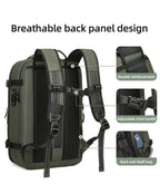 Green backpack with features highlighted on a white background