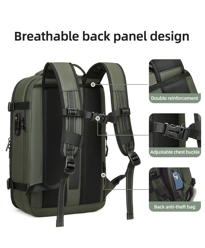 Green backpack with features highlighted on a white background
