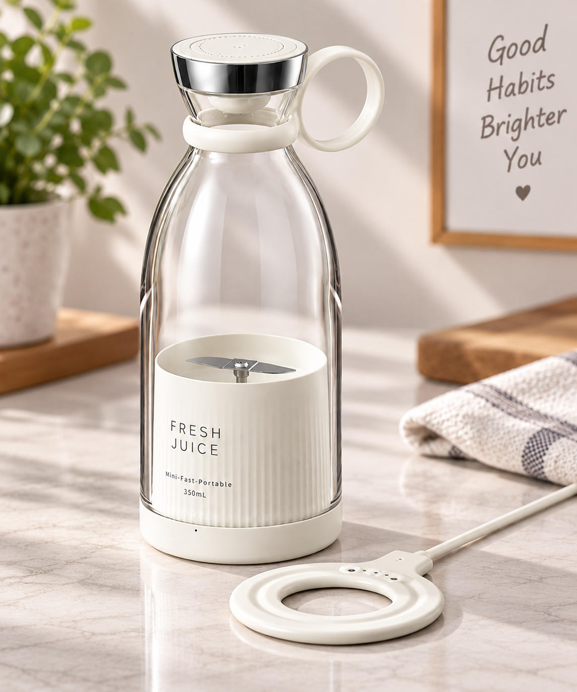 A white glass personal blender bottle with a white base, white handle, and white lid, shown on a marble countertop with its white charging base nearby. The bottle label reads 'FRESH JUICE'.