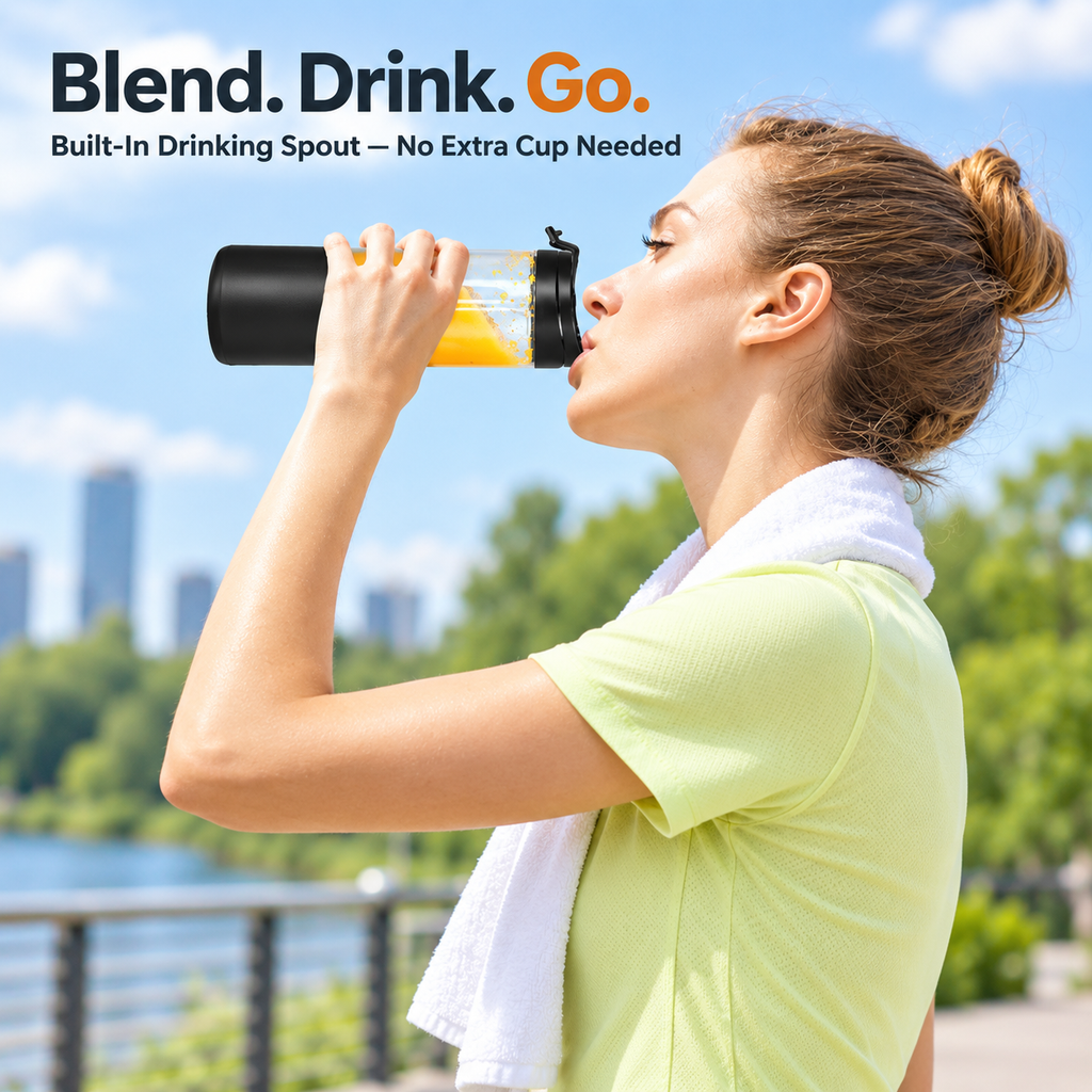 A woman outdoors by a waterfront drinks from a black built-in drinking spout attached to a clear bottle. The image includes the text 'Blend.