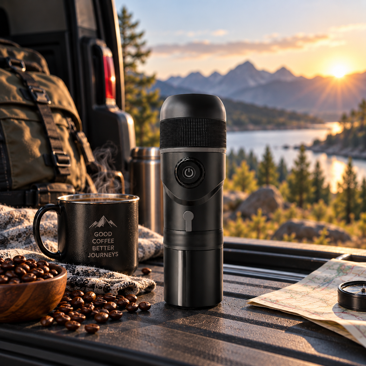 A black portable electric coffee maker stands on the tailgate of a truck next to a black coffee mug, a backpack, coffee beans, and a map, with a scenic mountain lake sunset in the background.