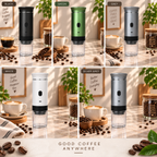A collage showing five portable electric coffee grinders in different color options: black, green, white, silver grey, and another grey. Each grinder is pictured with a clear cup base, surrounded by coffee beans, cups of coffee, and decorative plants on a wooden table.