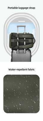 A luggage bag shown on top of a suitcase inside an airplane window illustration, with text reading 'Portable luggage strap' and a fabric close-up labeled 'Water-repellent fabric.'.