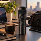 A sleek black portable coffee maker stands on a desk in a real office environment, surrounded by a laptop, a steaming cup of coffee, a smartphone, and a black bag. The product is shown in sharp focus with warm, professional lighting and a blurred cityscape window background.