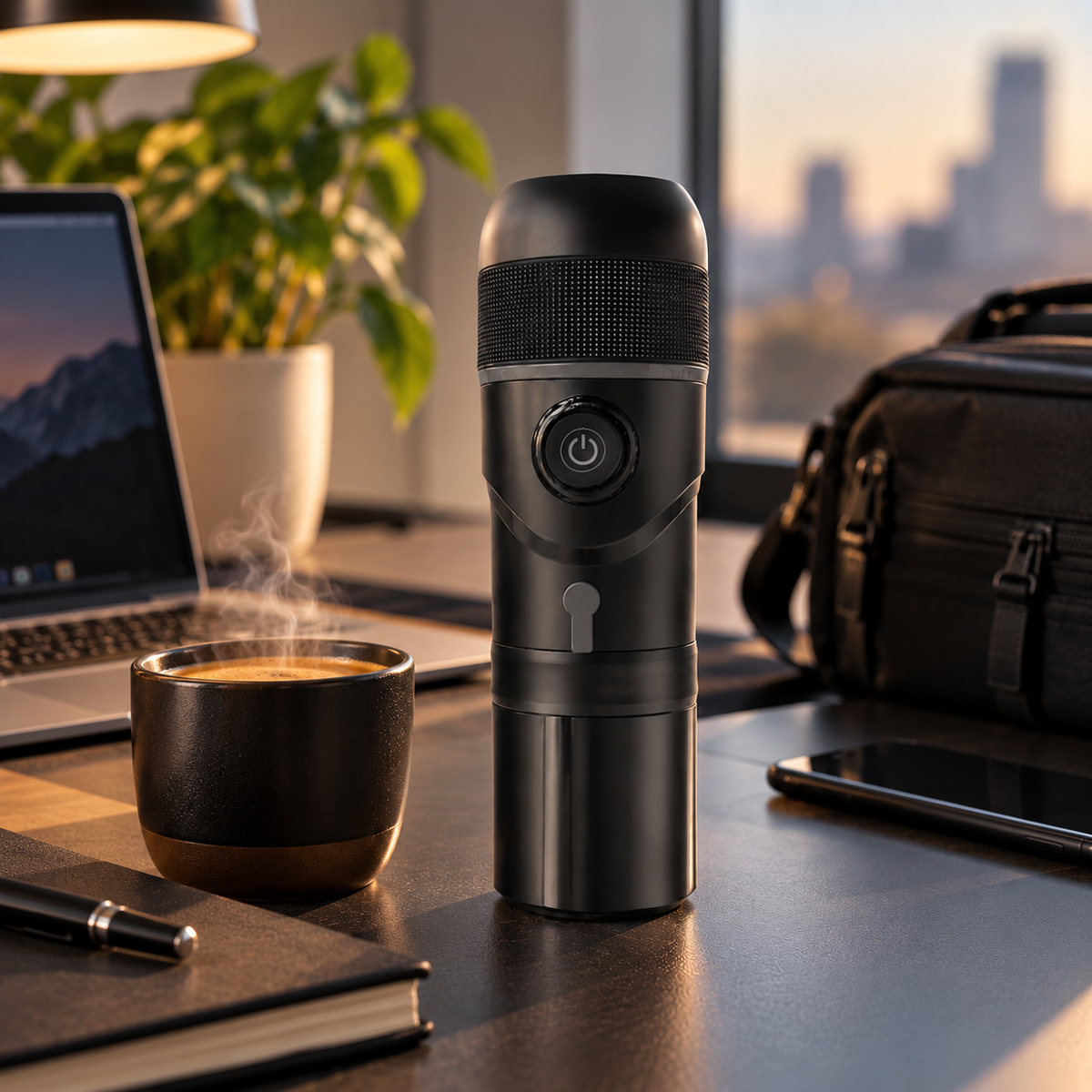 A sleek black portable coffee maker stands on a desk in a real office environment, surrounded by a laptop, a steaming cup of coffee, a smartphone, and a black bag. The product is shown in sharp focus with warm, professional lighting and a blurred cityscape window background.