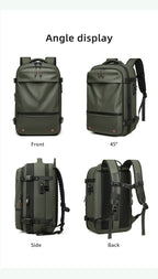 Green backpack displayed from multiple angles on a white background