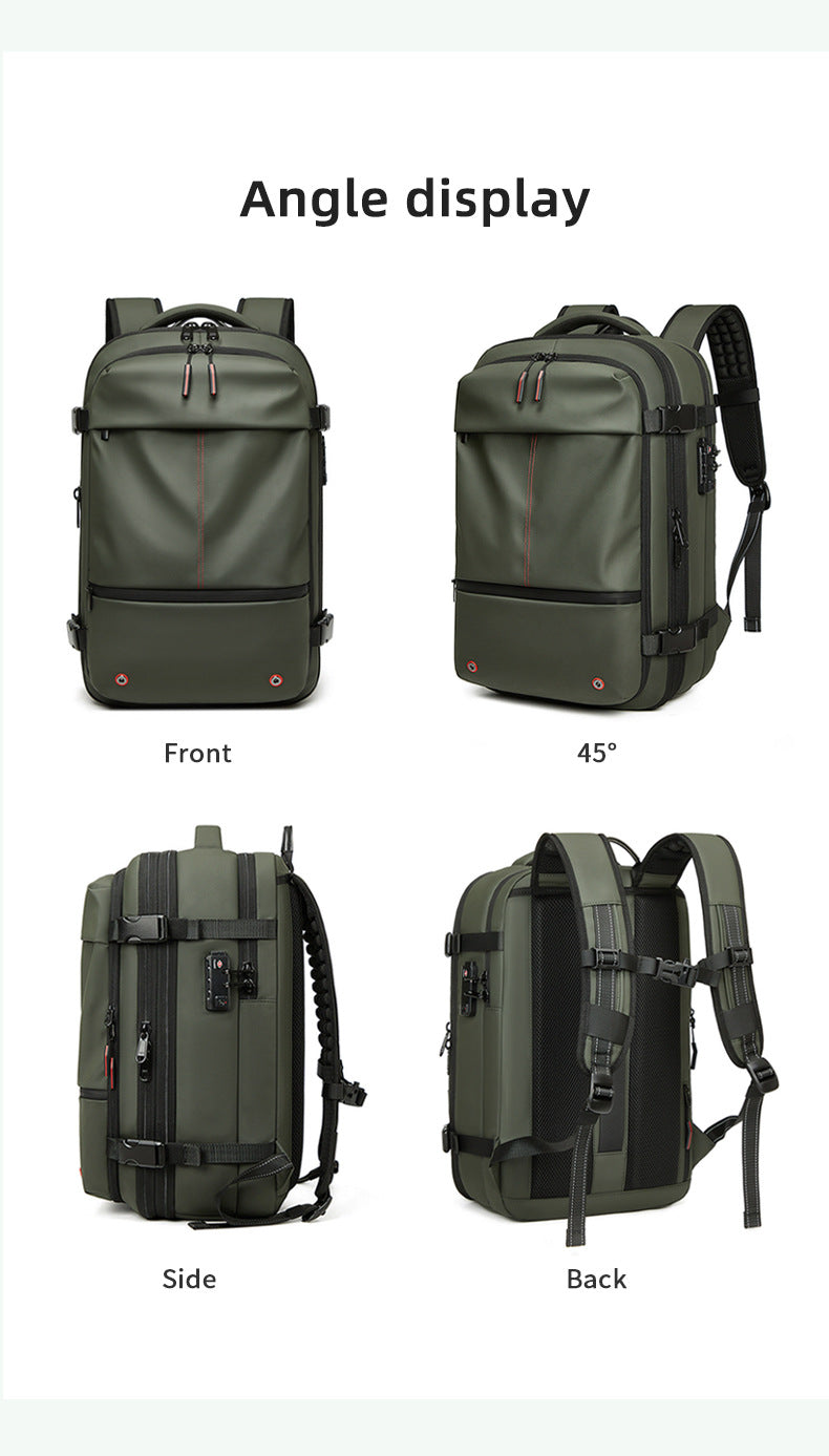 Green backpack displayed from multiple angles on a white background